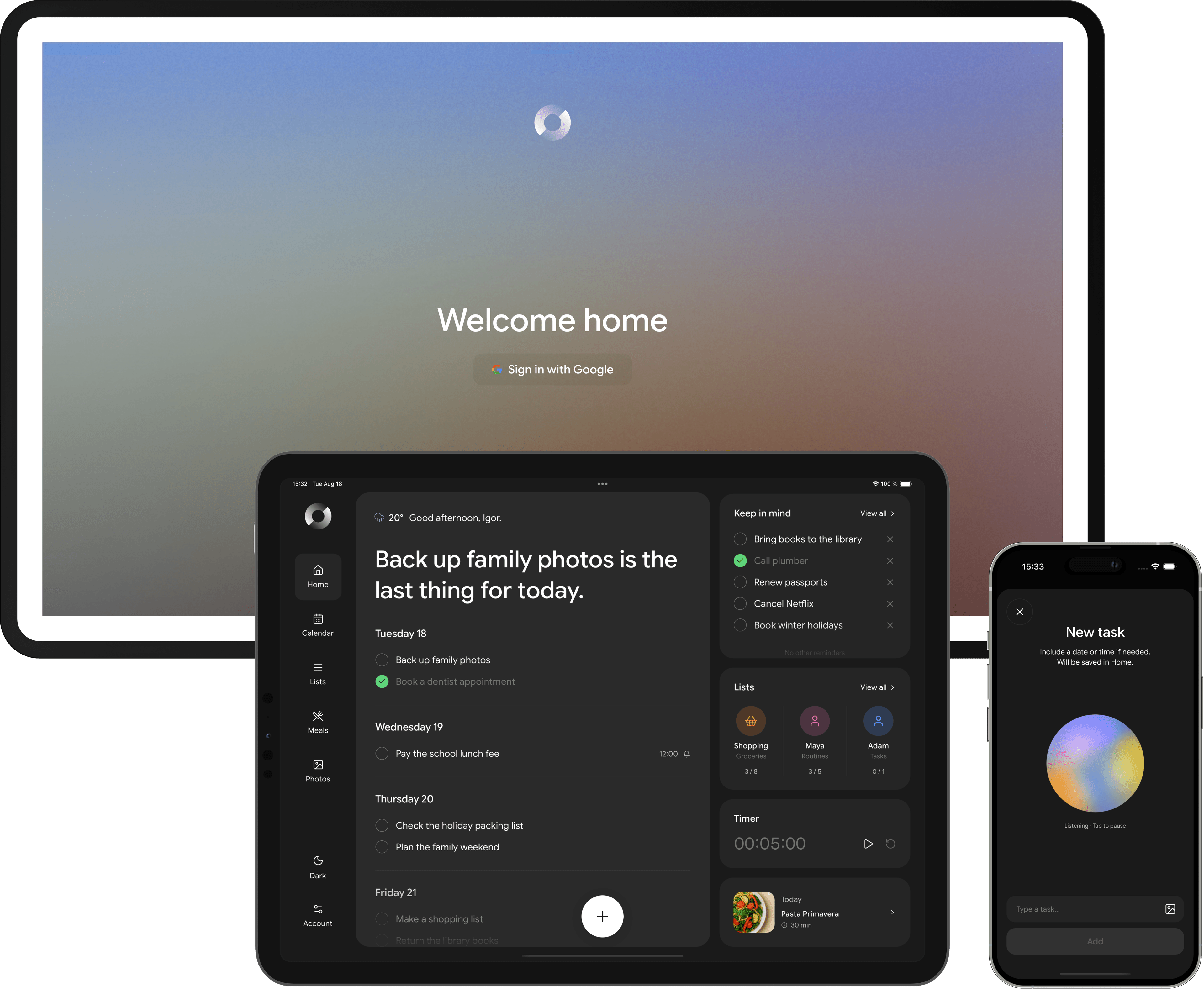 Synchra app on phone, tablet, and wall display